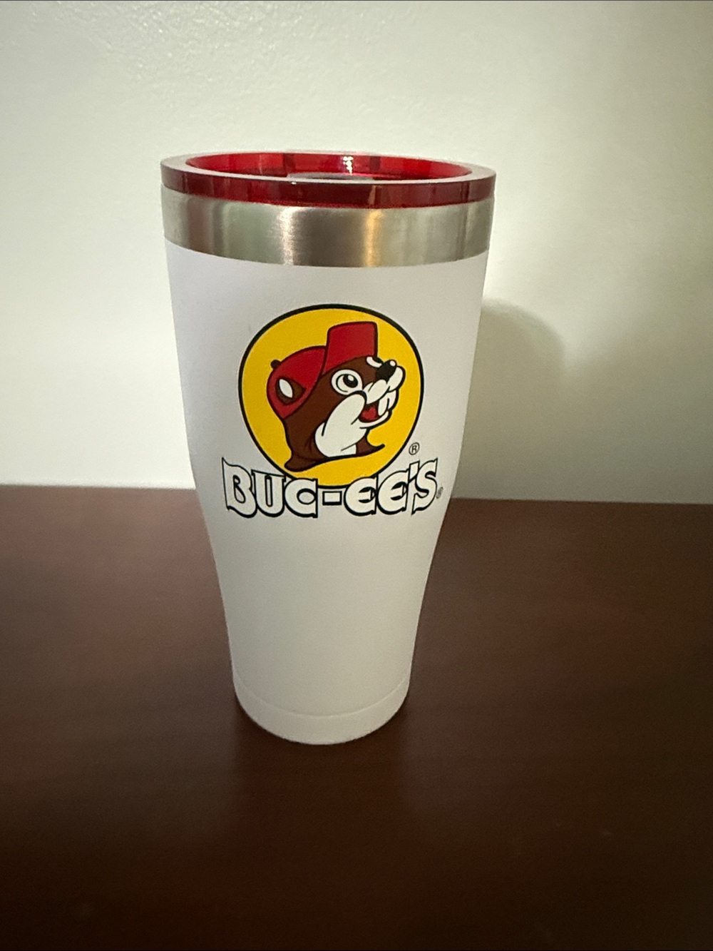 Buc-ee's White Stainless Steel Travel Tumbler with Red Interior